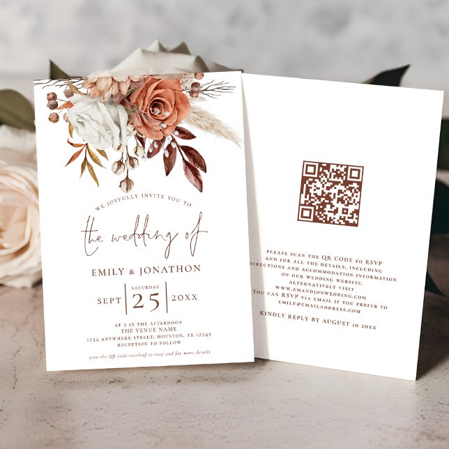 Invitación Boho Terracotta Florals Boda de código QR (Front and back view)