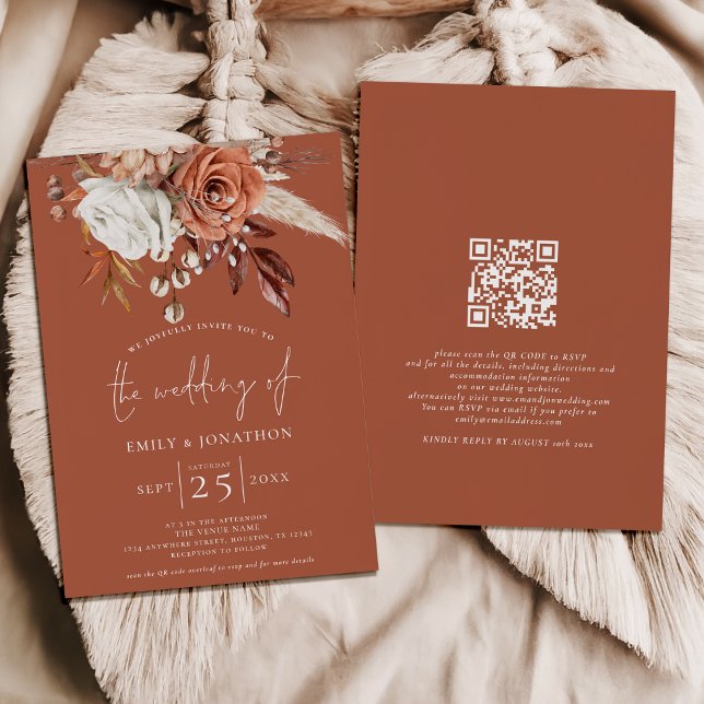Invitación Boho Terracotta Florals Código QR Boda de óxido (Front and back view)