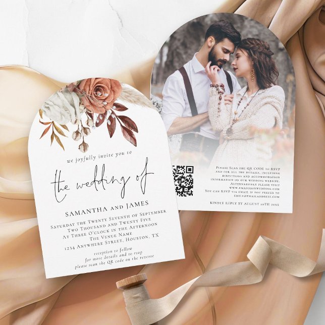 Invitación Boho Terracotta Florals Foto Boda de código QR (Front and back view)