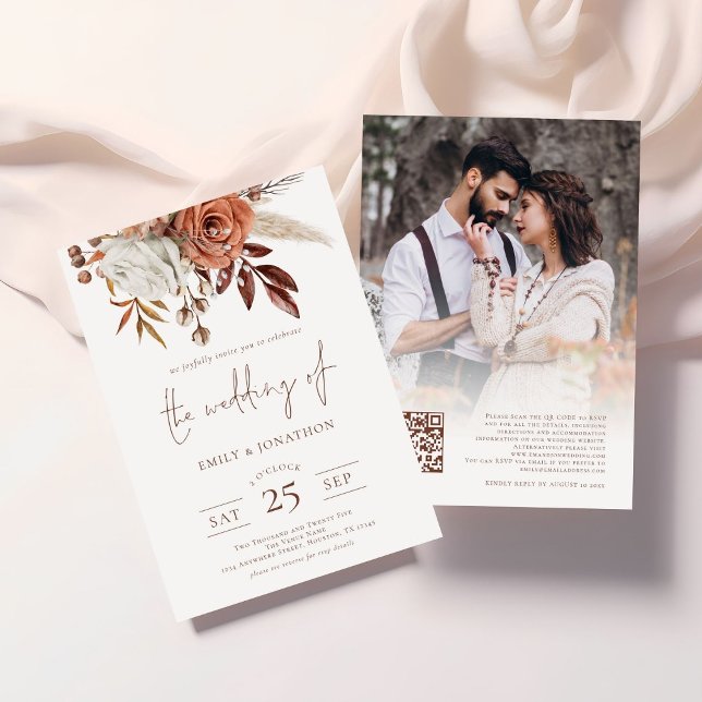 Invitación Boho Terracotta Florals Foto Boda de código QR (Front and back view)