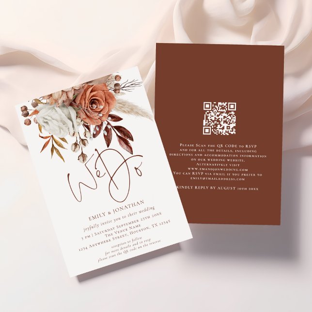Invitación Boho Terracotta Florals We Do QR Code Boda (Front and back view)