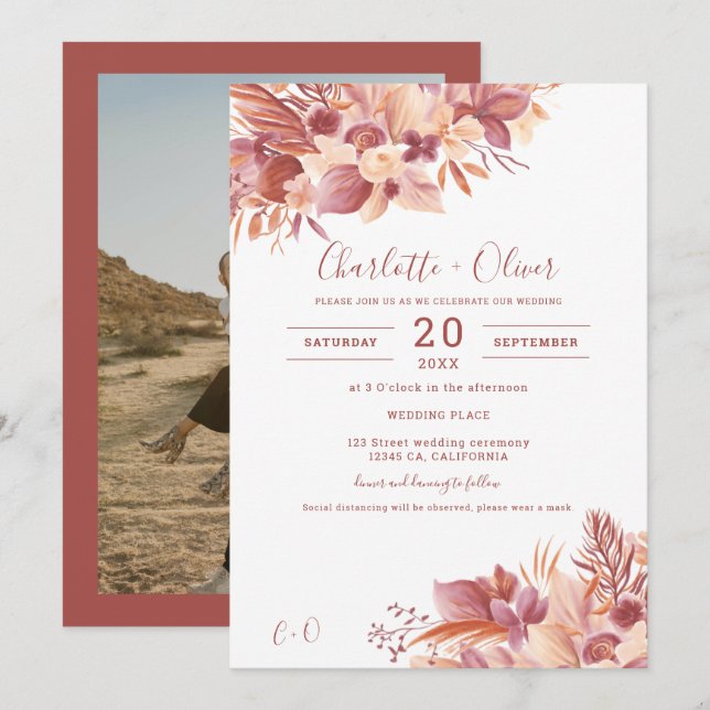 Invitación Boho terracotta florido desierto pampas boda de fo (Anverso / Reverso)