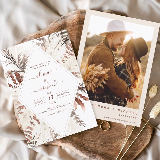 Invitación Boho Terracotta Foto Pampas Grass Boda (Subido por el creador)