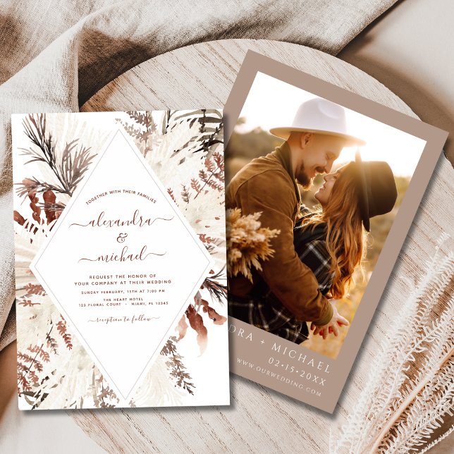 Invitación Boho Terracotta Foto Pampas Grass Boda (Subido por el creador)