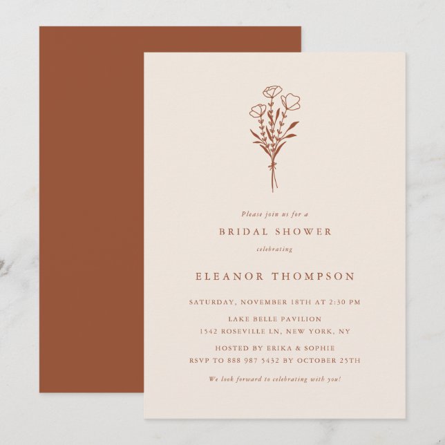Invitación Boho Terracotta Minimalista Floral Bridal Shower (Anverso / Reverso)