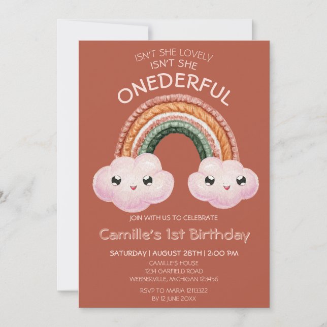 Invitación Boho Terracotta Nubes arcoiris Primer cumpleaños (Anverso)