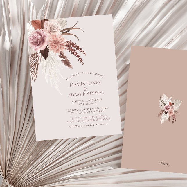 Invitación Boho Terracotta Pampas Boda de Grass Floral (Boho Dusty Pink Dried Flowers Pampas Grass Wedding Invitation)