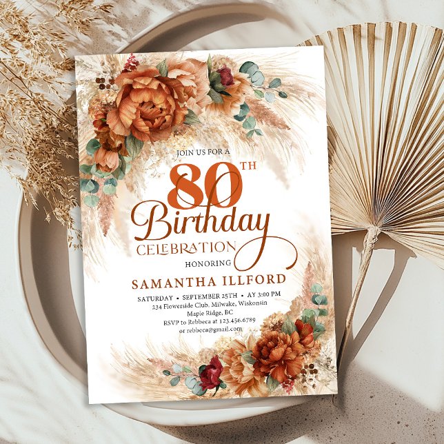 Invitación Boho terracotta pampas grass 80th Birthday invite (Celebrate eighty beautiful years with this Boho Terracotta Pampas Grass 80th Birthday Invite, design)