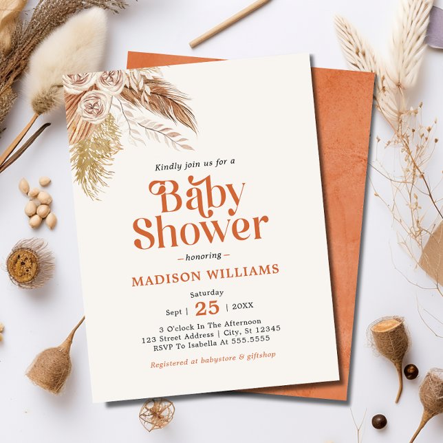 Invitación Boho Terracotta Pampas Grass Baby Shower (Subido por el creador)