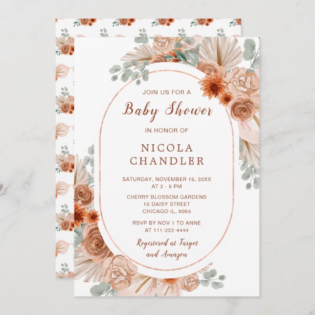 Invitación Boho Terracotta Pampas Grass Baby Shower (Anverso / Reverso)
