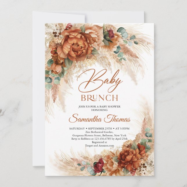 Invitación Boho terracotta pampas pasto brunch bebé morboso (Anverso)