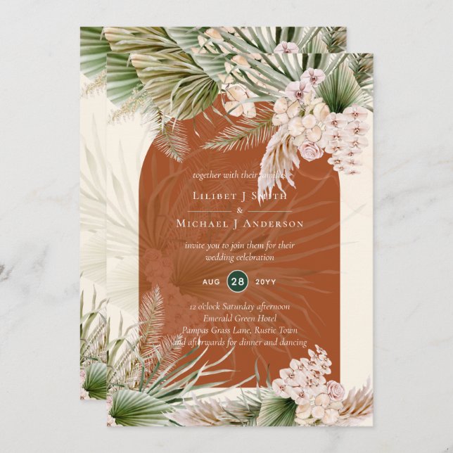 Invitación BOHO Terracotta Peach Pampas Grass Boda (Anverso / Reverso)