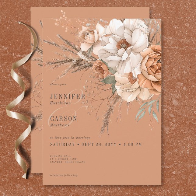 Invitación Boho Terracotta Peach y Cream Floral Boda (Boho Terracotta Peach & Cream Floral Wedding Invitation)