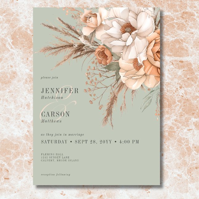 Invitación Boho Terracotta Peach y Cream Floral Green Boda (Boho Terracotta Peach & Cream Floral Green Wedding Invitation)