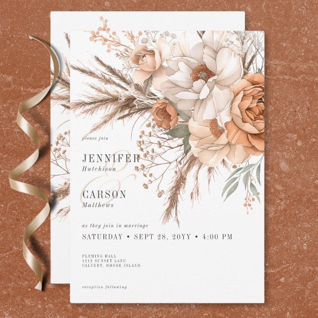 Invitación Boho Terracotta Peach y Cream Floral White Boda (Boho Terracotta Peach & Cream Floral White Wedding Invitation)