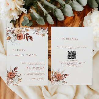 Invitación Boho Terracotta QR Código 2 en 1 Boda