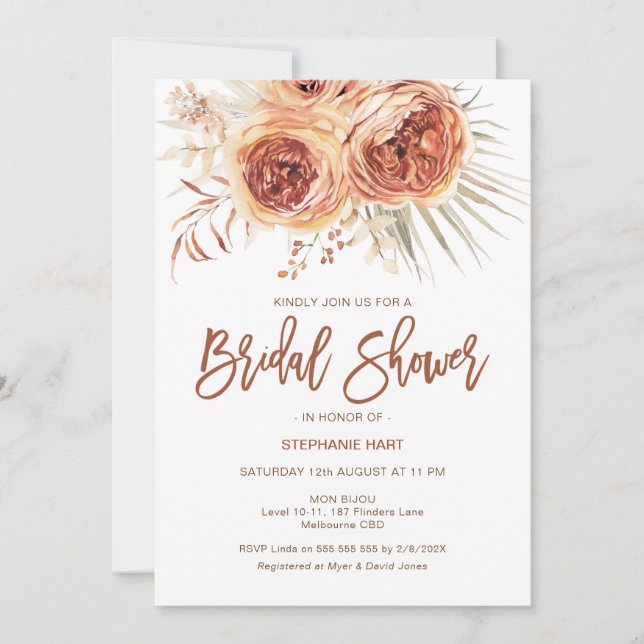 Invitación Boho Terracotta Quemada Naranja Floral Bridal Show (Anverso)