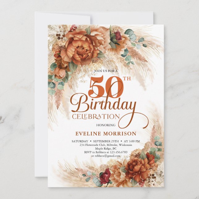 Invitación Boho terracotta quemado naranja pampas eucalipto (Anverso)