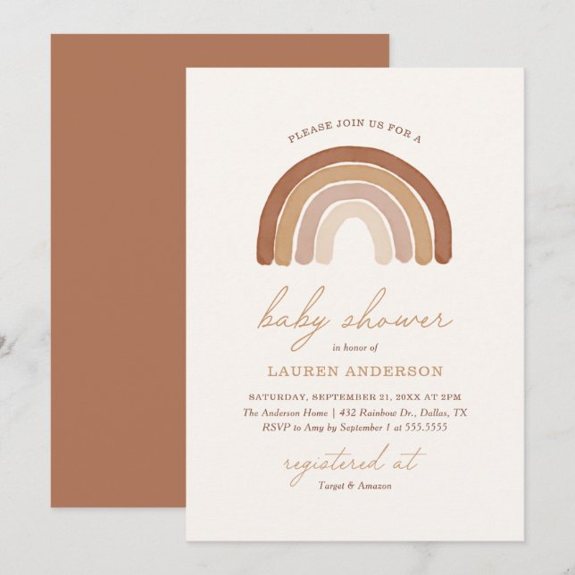 Invitación Boho Terracotta Rainbow Baby Shower (Anverso / Reverso)