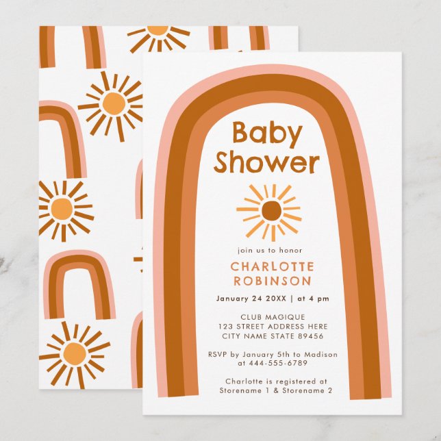 Invitación Boho Terracotta Rainbow Sun Baby Shower (Anverso / Reverso)