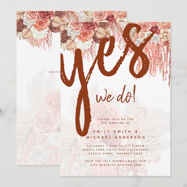 Invitación Boho Terracotta Rosa Pampas Boda de Grass Floral (Anverso / Reverso)