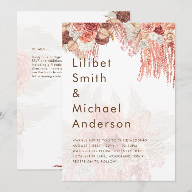 Invitación Boho Terracotta Rosa Pampas Boda de Grass Floral (Anverso / Reverso)