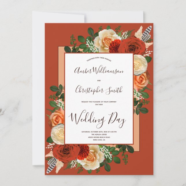 Invitación Boho Terracotta Rust Floral Pampas Grass Wedding (Anverso)