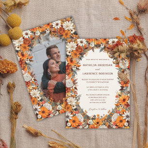 Invitación Boho Terracotta Sage Floral Photo Fall Wedding