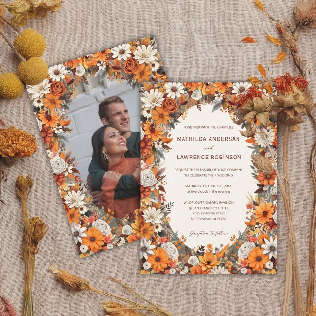 Invitación Boho Terracotta Sage Floral Photo Fall Wedding (Boho Burnt Orange Terracota Sage Foliage Floral Photo Fall Wedding Invitation)