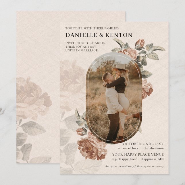Invitación Boho Terracotta Sage Verde Oval Foto Boda | (Anverso / Reverso)
