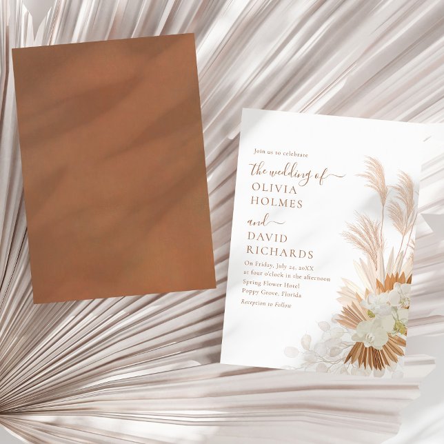 Invitación Boho Terracotta White Pampas Grass Orcids Boda (Boho Terracotta White Pampas Grass Orcids Wedding Invitation on a sunny neutral dry palm leaf.)