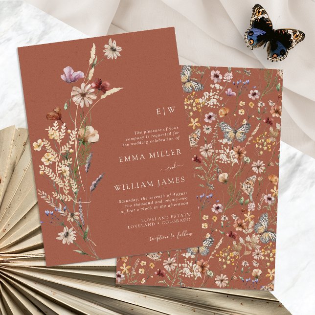 Invitación Boho Terracotta Wildflower Boda (Boho Terracotta Wildflower Wedding Invitation Monogrammed by Painted Paperie
)