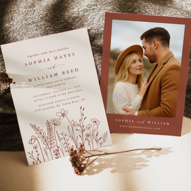 Invitación Boho Terracotta Wildflower Photo Wedding (Subido por el creador)