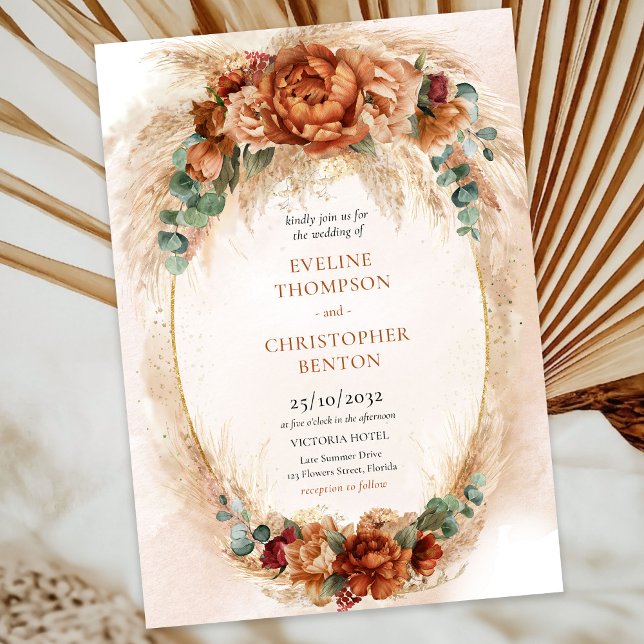 Invitación Boho Terracotta y flores borgoñas pampas pasto (Trendy terracotta copper and burgundy flowers mixed eucalyptus greenery wedding invitation)