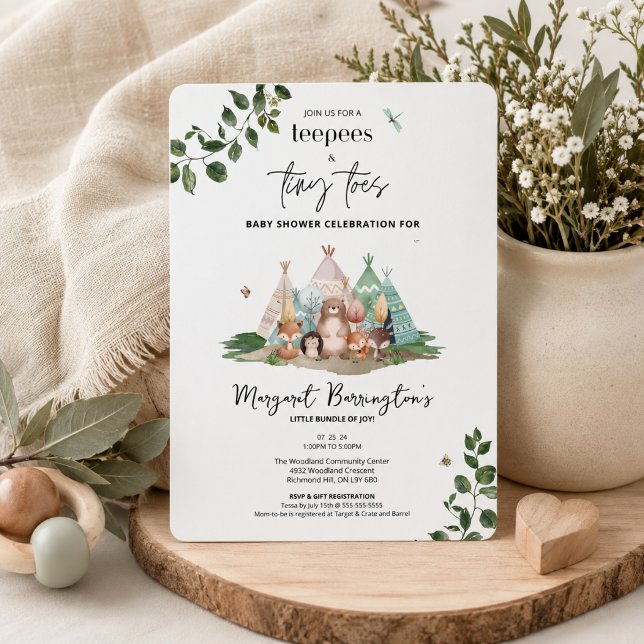 Invitación Boho Tipis y Pequeños Dedos Bosque Infantil Fiesta (Boho Woodland Baby Shower Invitation)