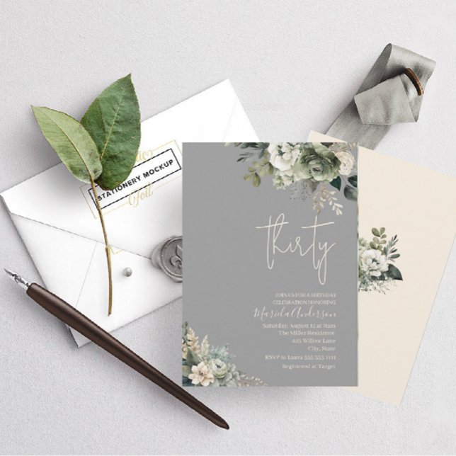 Invitación Boho treinta sage flores verdes acuarela cumpleaño (Subido por el creador)