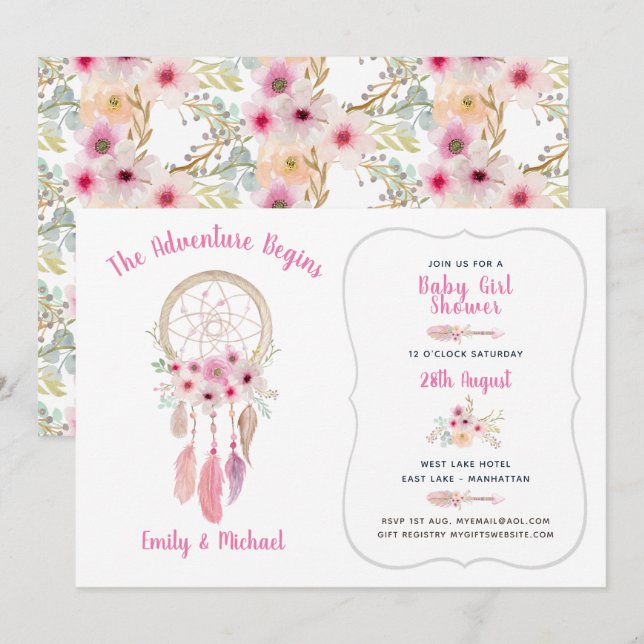 Invitación Boho Tribal Baby Girl Shower Dream Catcher (Anverso / Reverso)