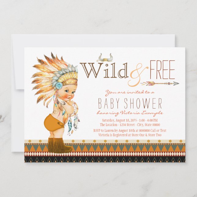 Invitación Boho Tribal Boho Baby Shower salvaje y libre para  (Anverso)