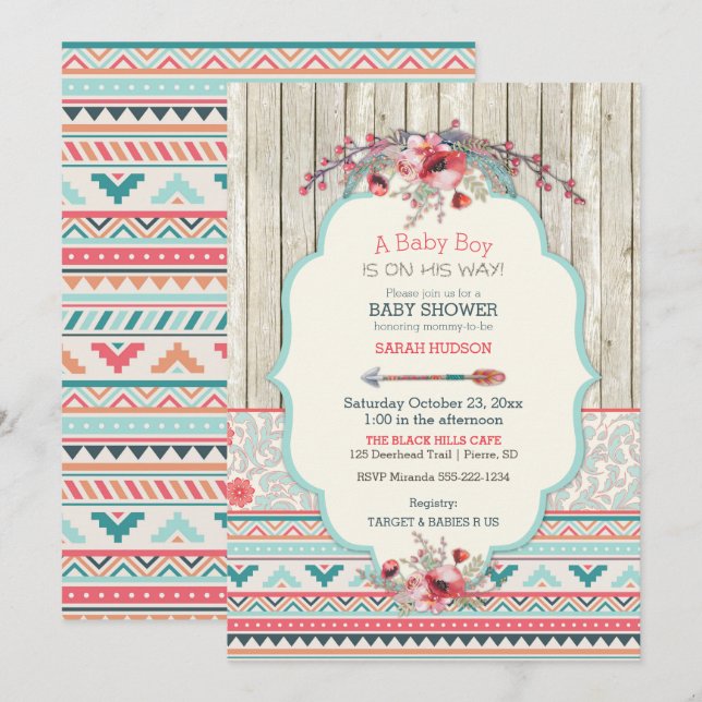 Invitación Boho Tribal Chic Rústico Madera Flores Flecha (Anverso / Reverso)