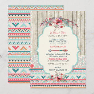 Invitación Boho Tribal Chic Rústico Madera Flores Flecha