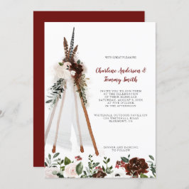 Invitación Boho Tribal Feathers Floral Bouquet Teepee Boda