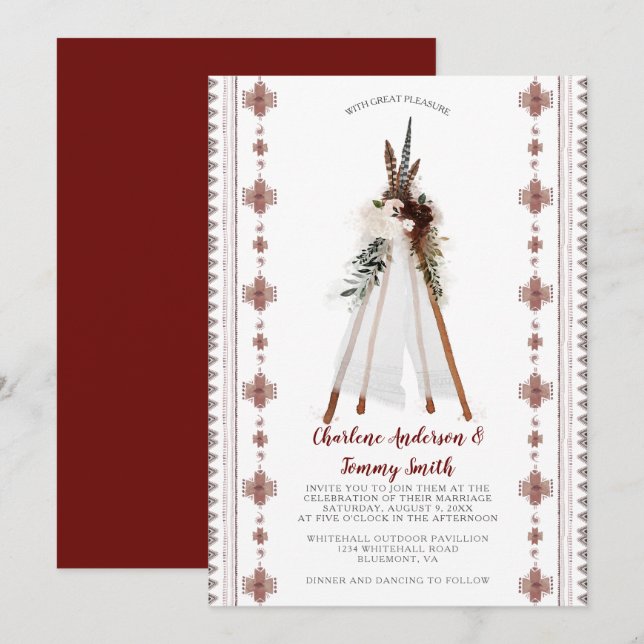 Invitación Boho Tribal Feathers Floral Teepee Boda | (Anverso / Reverso)