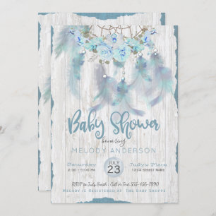 Invitación BOHO Tribal Floral Dream Catcher Blue Baby Shower