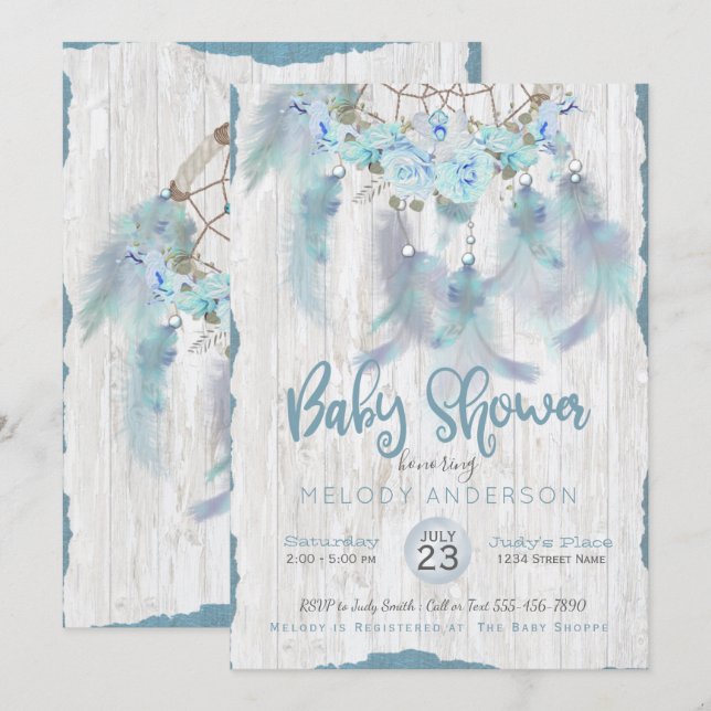 Invitación BOHO Tribal Floral Dream Catcher Blue Baby Shower (Anverso / Reverso)
