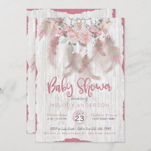 Invitación BOHO Tribal Floral Dream Catcher Pink Baby Shower