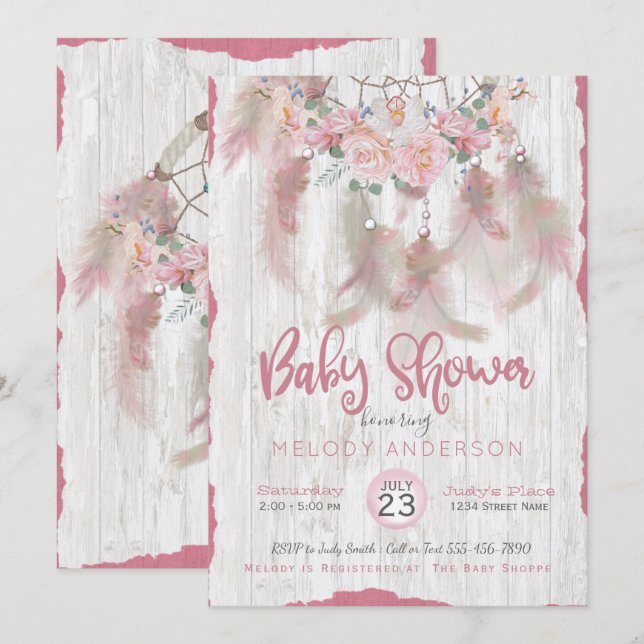 Invitación BOHO Tribal Floral Dream Catcher Pink Baby Shower (Anverso / Reverso)