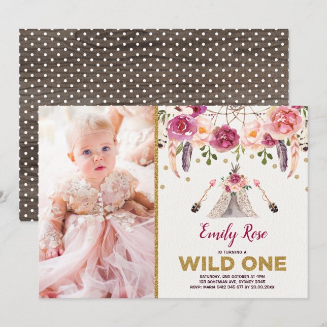 Invitación Boho Tribal Floral Wild One Birday Dreamcatcher (Anverso / Reverso)