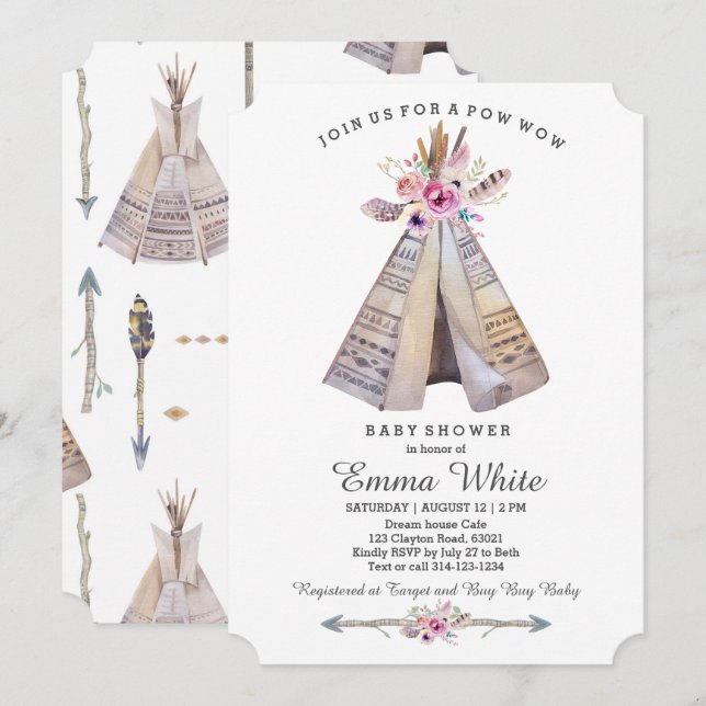 Invitación Boho Tribal Teepee Floral Baby Shower (Anverso / Reverso)