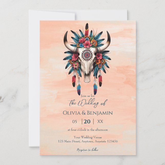 Invitación Boho Tribal Watercolor Floral Cow Skull Boda (Anverso)
