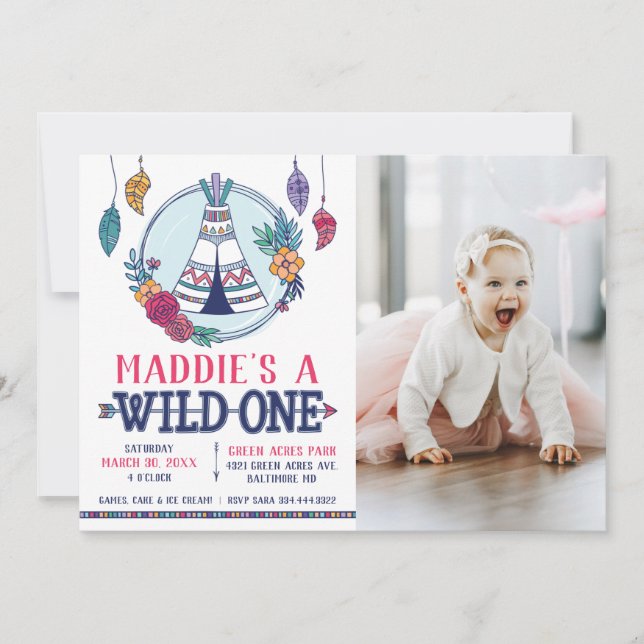 Invitación Boho Tribal Wild One Foto Primer Cumpleaños (Anverso)